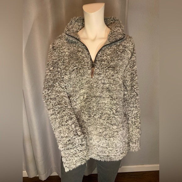 Sherpa zip down V-neck sweater dark grey - Picture 1 of 2
